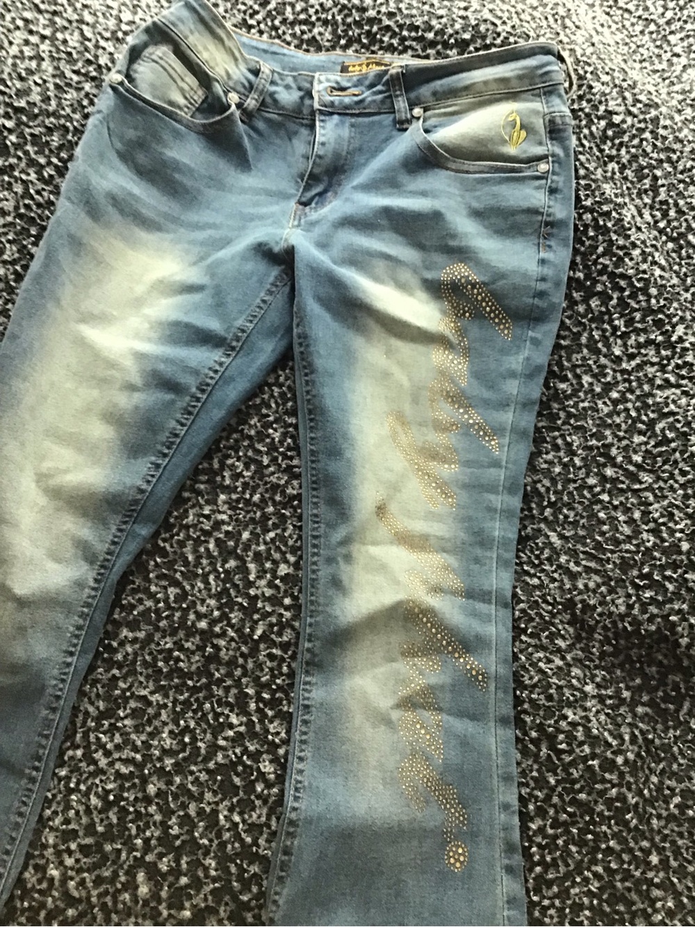 Baby Phat Rhinestone Gold Rhinestone Script Flare Jeans - Picture 2 of 5